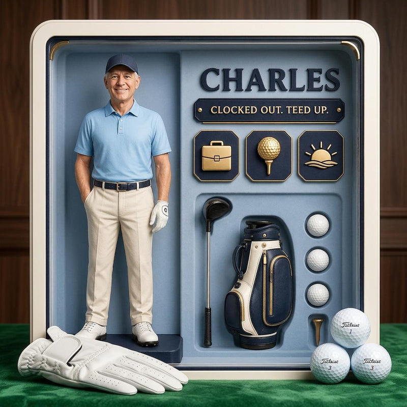 May include: A display box featuring a figurine of a golfer in a blue polo and beige pants, with the text CHARLES and CLOCKED OUT. TEED UP. The box includes gold icons of a briefcase, golf ball, and sun, plus a golf bag, club, and Titleist golf balls.