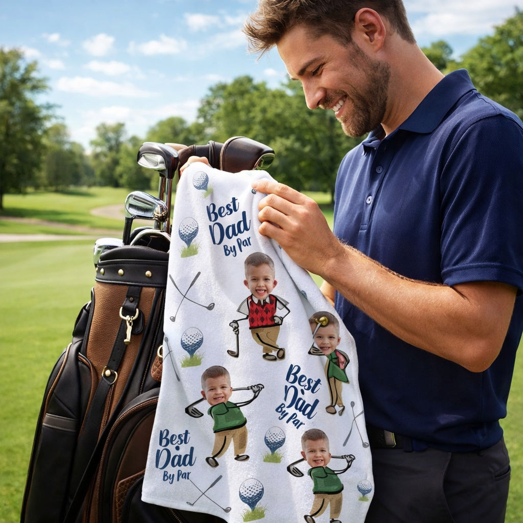 Custom Golf Towel With Kids Photo, Golf Lover Gift, Kids Golf Rag, Gift For Him, Dad gift, Custom Name Father Day Golf Gift, Best Dad by Par TWGTP01
