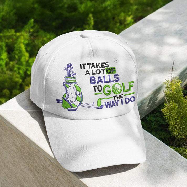 "It Takes A Lot Of Balls" Golf Cap, Funny Golf Pun Hat, Unique Gift for Golfer Dad, Adjustable Baseball Cap