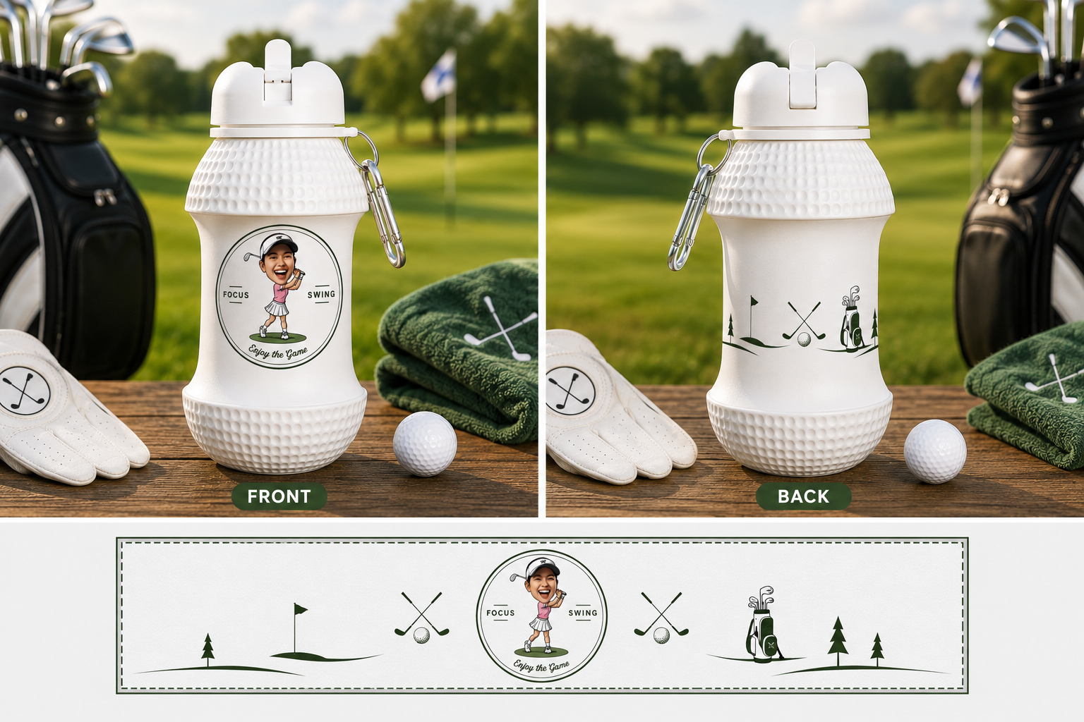 Personalized Golf Ball Foldable Water Bottle, Custom Photo Cartoon Golfer Design, Collapsible Silicone Sports Bottle, Unique Golf Gift for Men Women – WBGOLF10