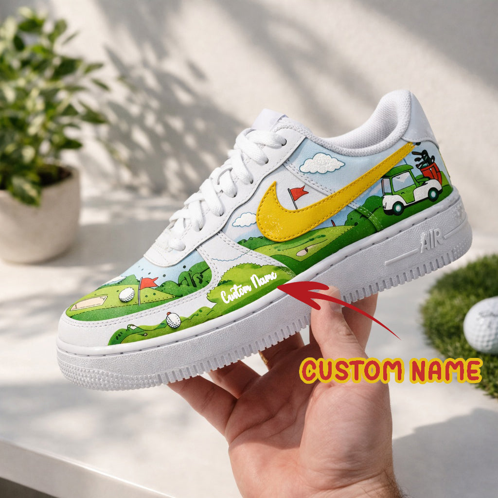 Personalized Golf Shoes, Green Fairway Floral Shoes, Custom Sneakers Gift for Golf Lovers, Golf Course Sneakers SHGTP07