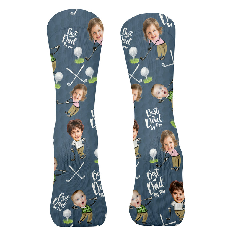 Custom Face Golf Socks, "Best Dad By Par" Personalized Photo Gift, Funny Kids Head on Golfer Body Crew Socks, Father's Day Present for Him