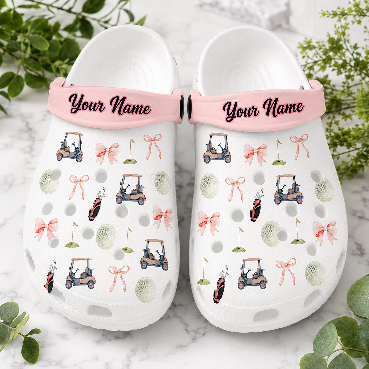 Pink Bow Golf Clogs, Green Golf Pattern Clogs, Unisex Kid Adult Clogs, Summer Clogs, Waterproof EVA Slip-On Shoes, Comfortable Casual Sandals CLGOLF10