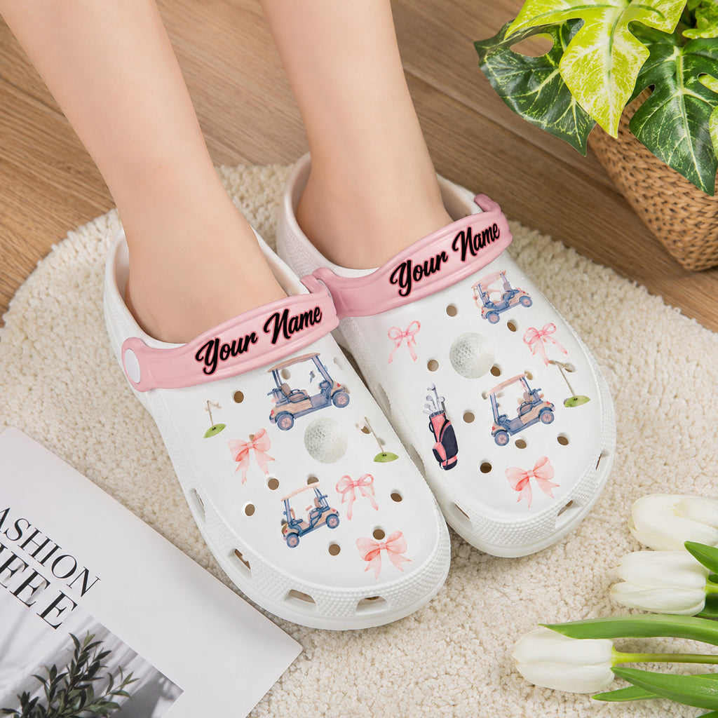 Pink Bow Golf Clogs, Green Golf Pattern Clogs, Unisex Kid Adult Clogs, Summer Clogs, Waterproof EVA Slip-On Shoes, Comfortable Casual Sandals CLGOLF10