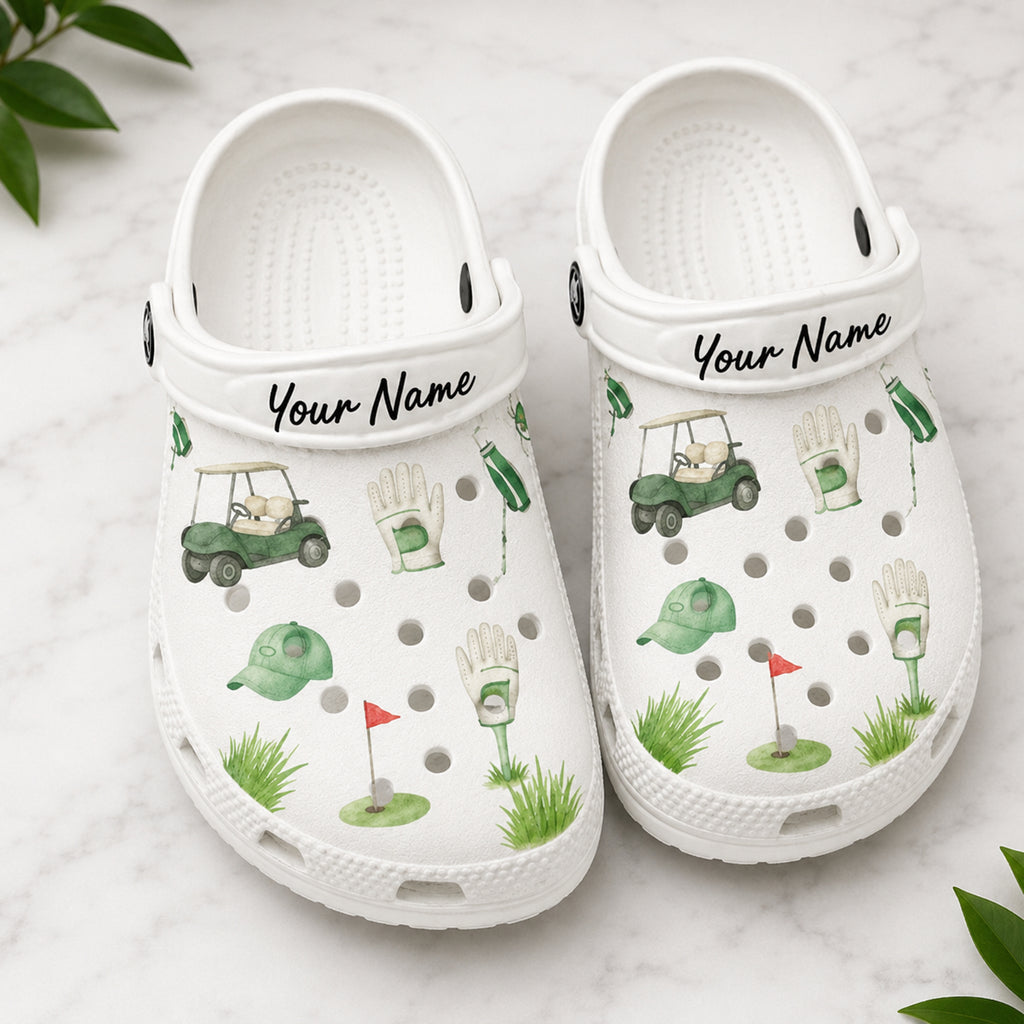 Golf Theme Golf Clogs, Green Golf Pattern Clogs, Unisex Kid Adult Clogs, Summer Clogs, Waterproof EVA Slip-On Shoes, Comfortable Casual Sandals CLGOLF11