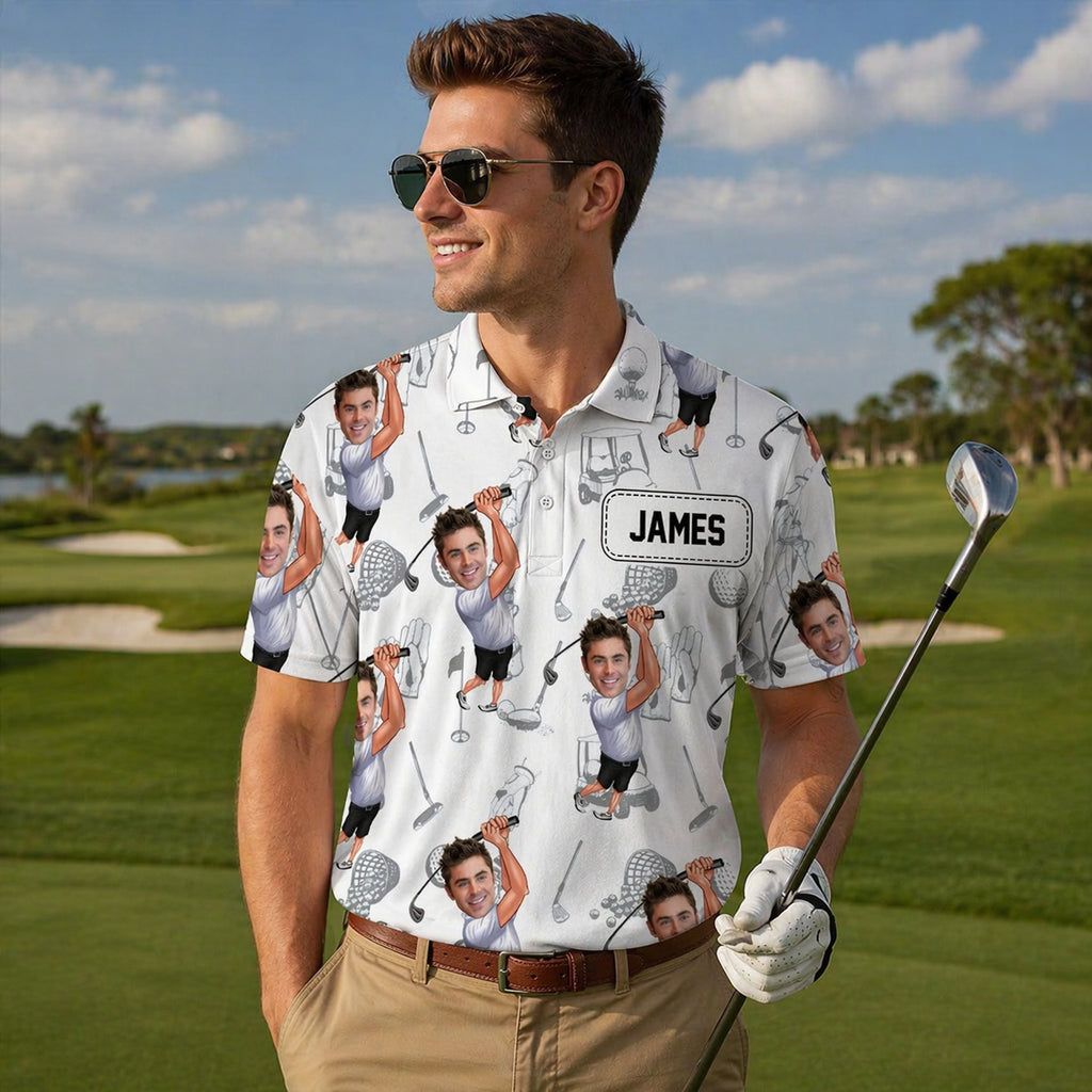 Custom Face Golf Polo Shirt for Men, Funny Photo Golfer Shirt, Matching Golf Team Polo, Summer Golf Shirt, Personalized Golf Lover Gift PLN09