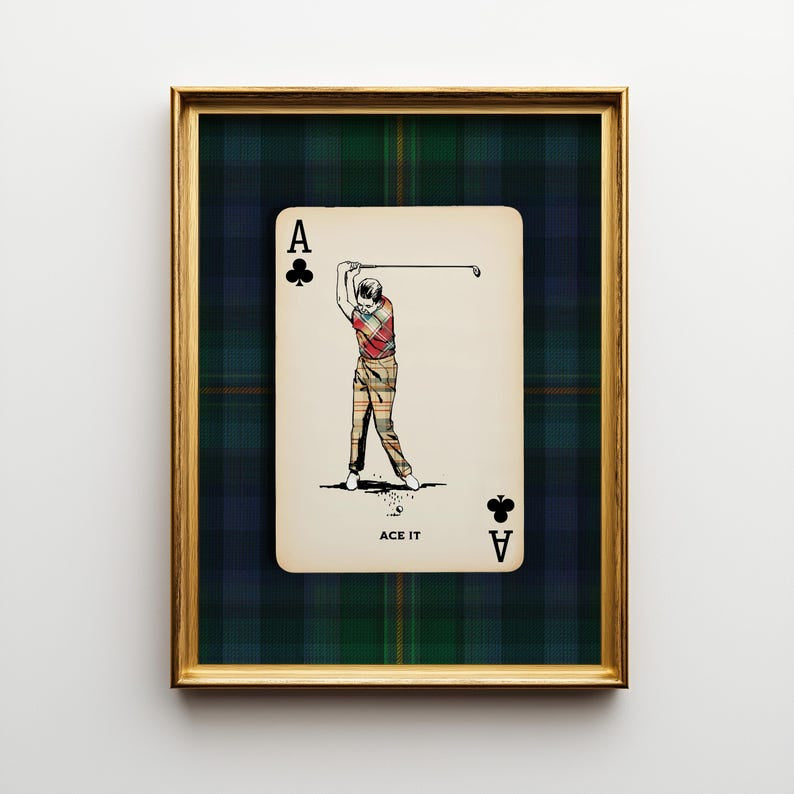 Plaid Golf Poster, Playing Card Wall Art, Vintage Country Club Decor, Preppy Masculine Office Furnishings, Custom Golfer Grandpa Gift PTGTP08