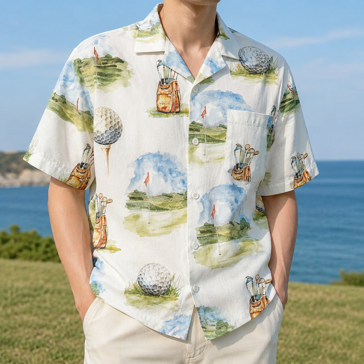 Watercolor Golf Course Print Hawaiian Shirt, Watercolor Art Golf Button Down Shirt, Summer Clothing, Golf Lover Shirt HW12