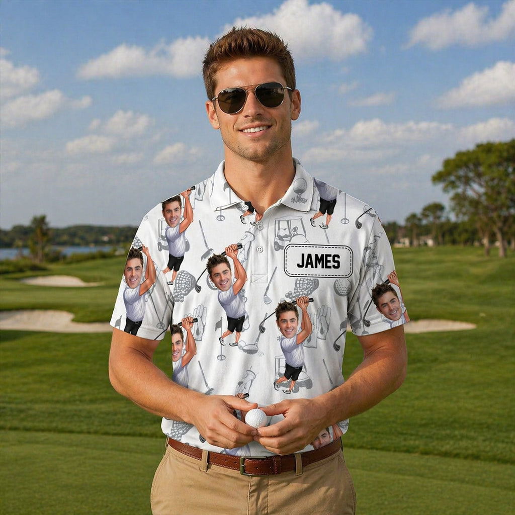 Custom Face Golf Polo Shirt for Men, Funny Photo Golfer Shirt, Matching Golf Team Polo, Summer Golf Shirt, Personalized Golf Lover Gift PLN09