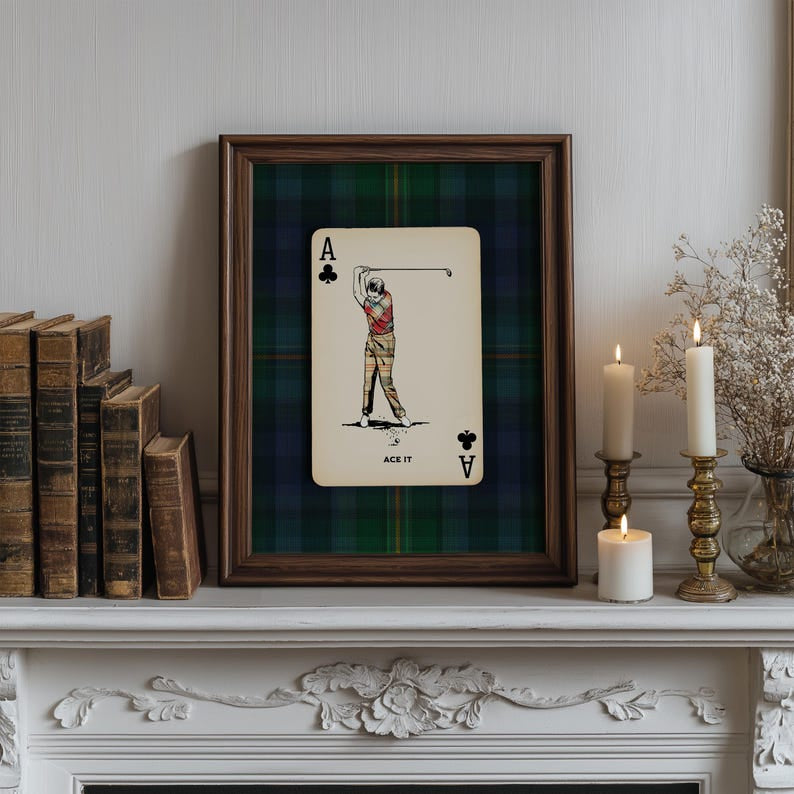 Plaid Golf Poster, Playing Card Wall Art, Vintage Country Club Decor, Preppy Masculine Office Furnishings, Custom Golfer Grandpa Gift PTGTP08