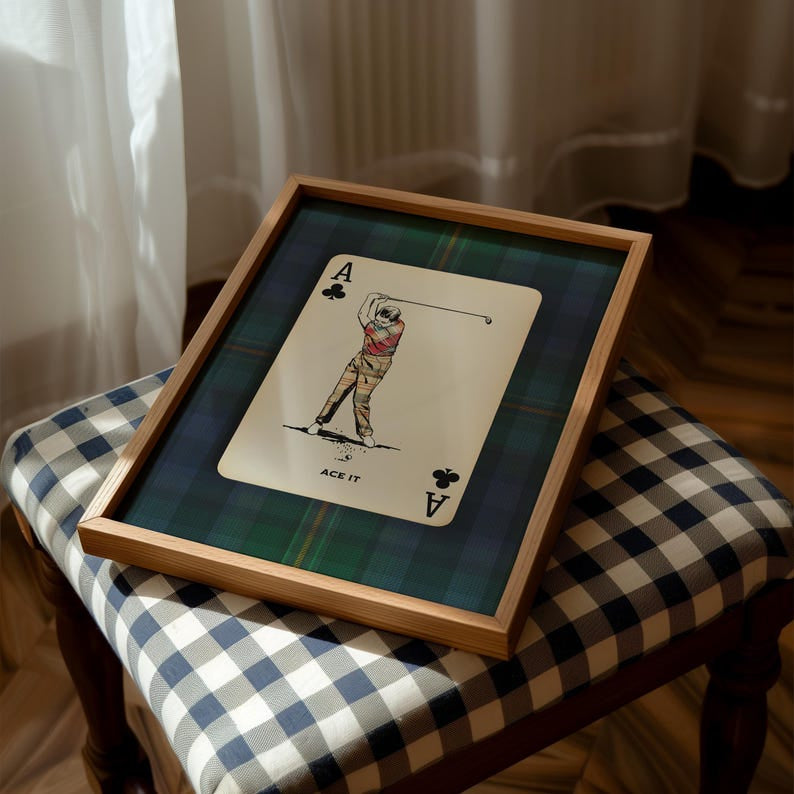 Plaid Golf Poster, Playing Card Wall Art, Vintage Country Club Decor, Preppy Masculine Office Furnishings, Custom Golfer Grandpa Gift PTGTP08