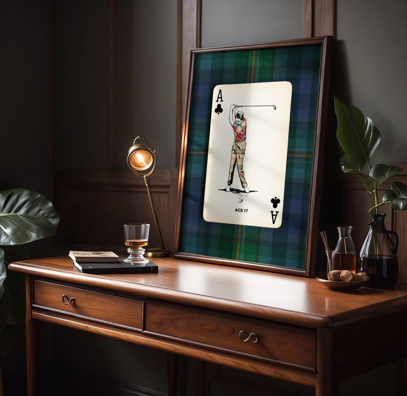 Plaid Golf Poster, Playing Card Wall Art, Vintage Country Club Decor, Preppy Masculine Office Furnishings, Custom Golfer Grandpa Gift PTGTP08