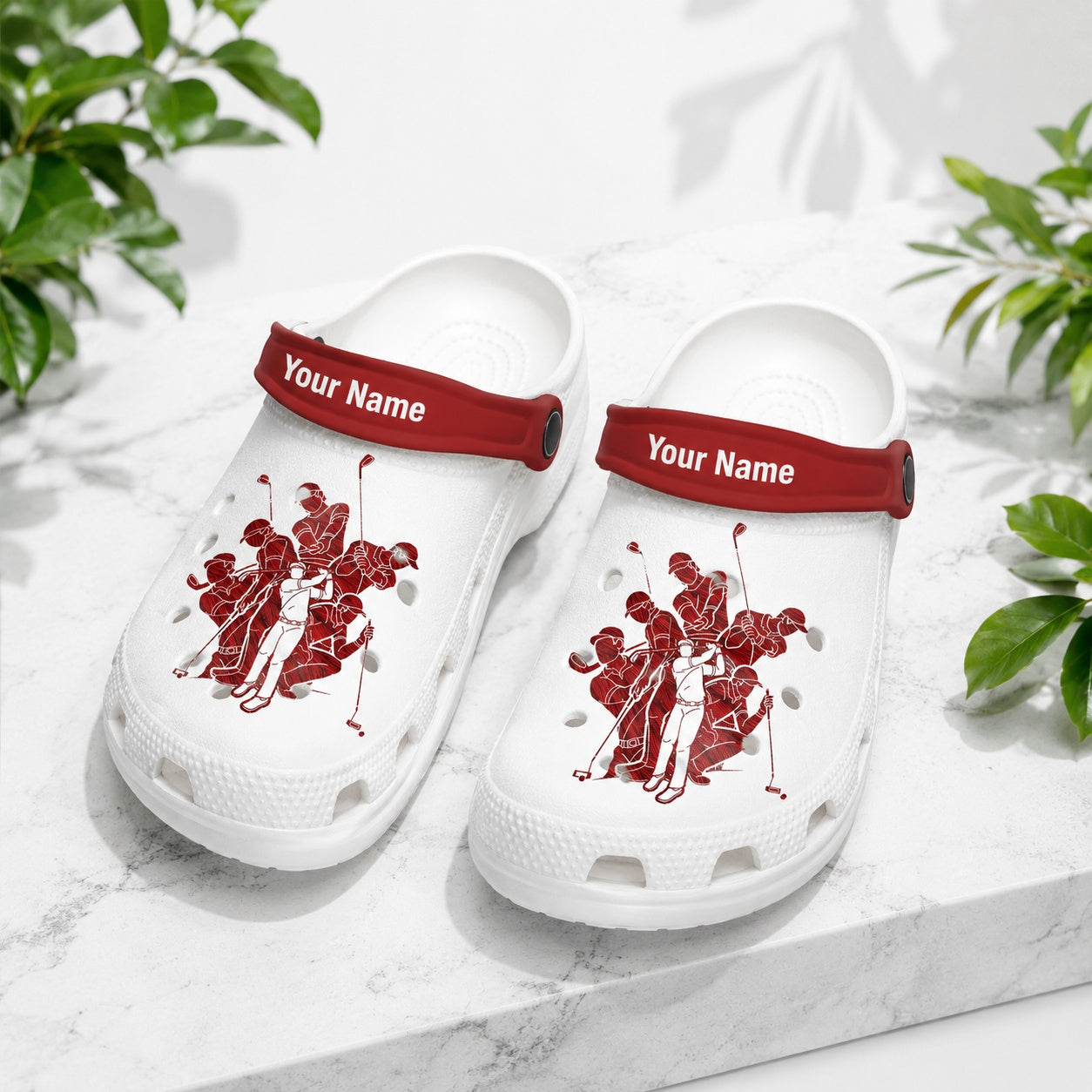 Golf Theme Golf Clogs, Red Golf Pattern Clogs, Unisex Kid Adult Clogs, Summer Clogs, Waterproof EVA Slip-On Shoes, Comfortable Casual Sandals CLGOLF12