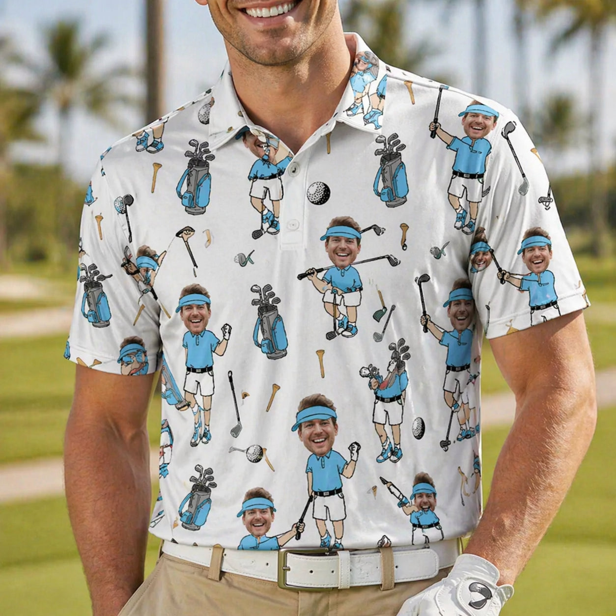 Custom Face Golf Polo Shirt for Men, Funny Cartoon Golfer Shirt, Matching Golf Team Polo, Summer Golf Shirt, Personalized Golf Lover Gift PLN08