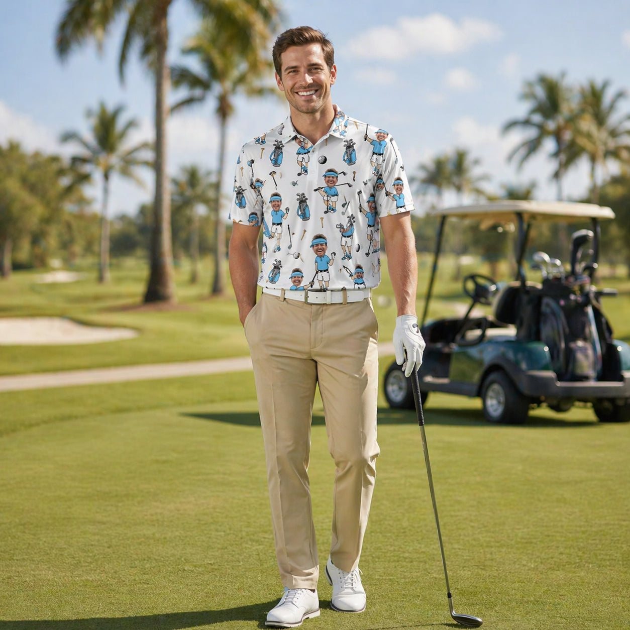 Custom Face Golf Polo Shirt for Men, Funny Cartoon Golfer Shirt, Matching Golf Team Polo, Summer Golf Shirt, Personalized Golf Lover Gift PLN08