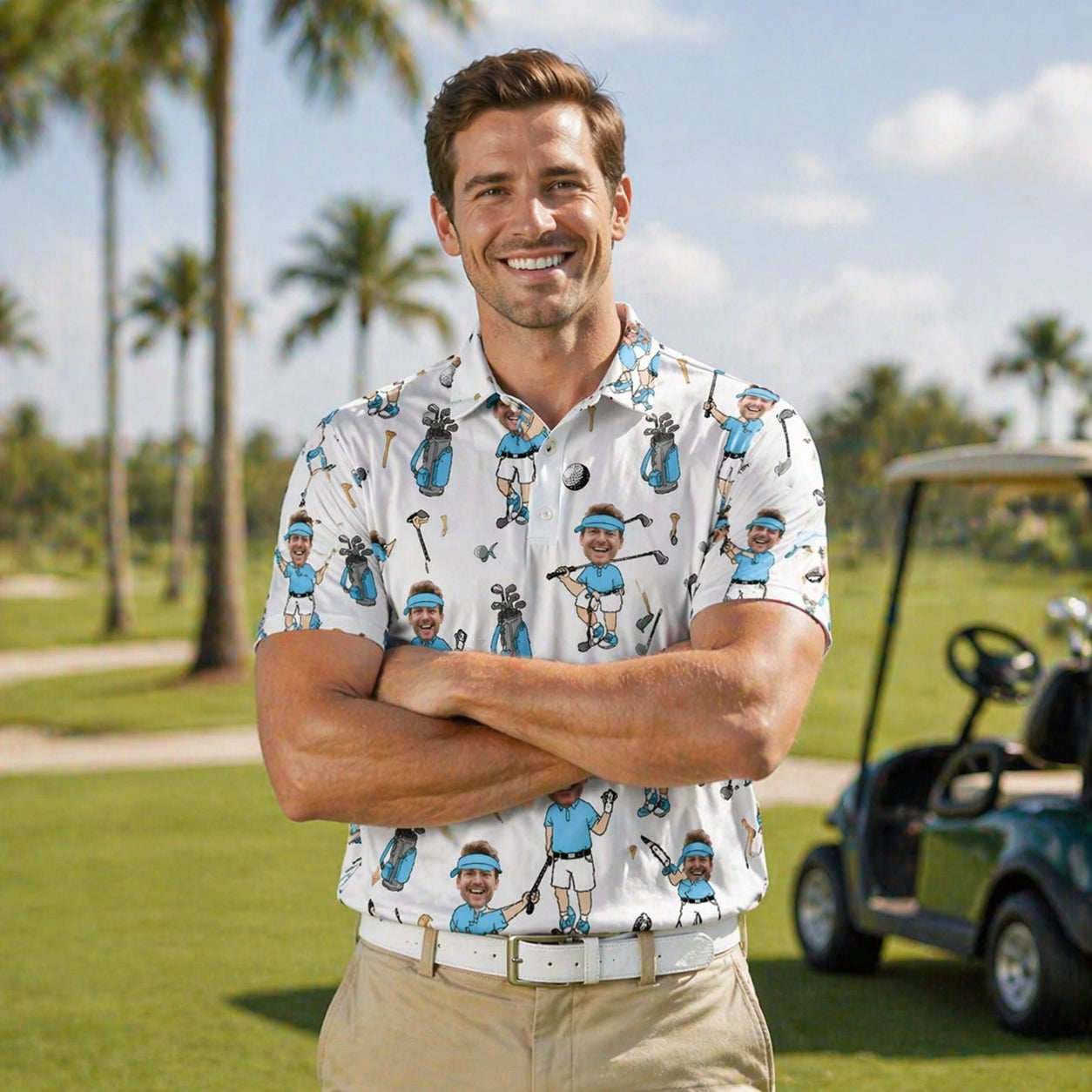 Custom Face Golf Polo Shirt for Men, Funny Cartoon Golfer Shirt, Matching Golf Team Polo, Summer Golf Shirt, Personalized Golf Lover Gift PLN08