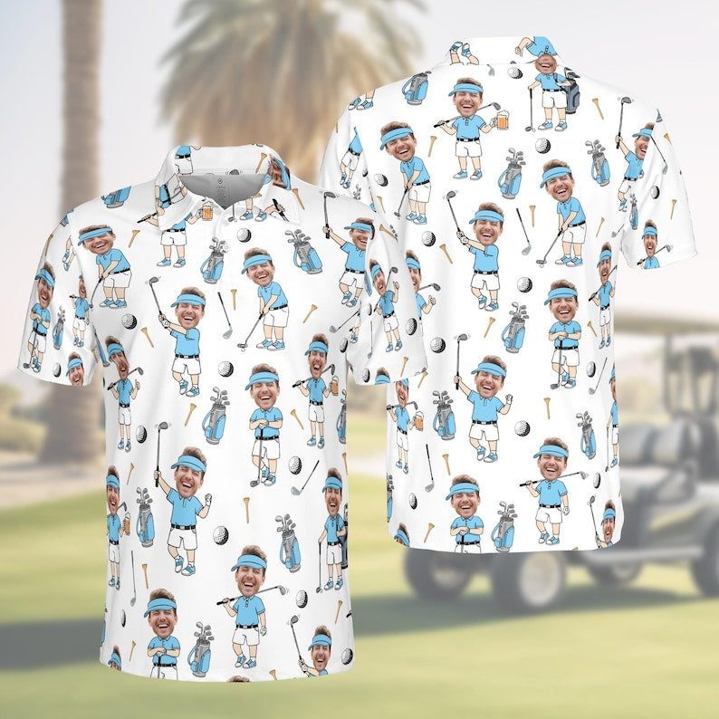 Custom Face Golf Polo Shirt for Men, Funny Cartoon Golfer Shirt, Matching Golf Team Polo, Summer Golf Shirt, Personalized Golf Lover Gift PLN08