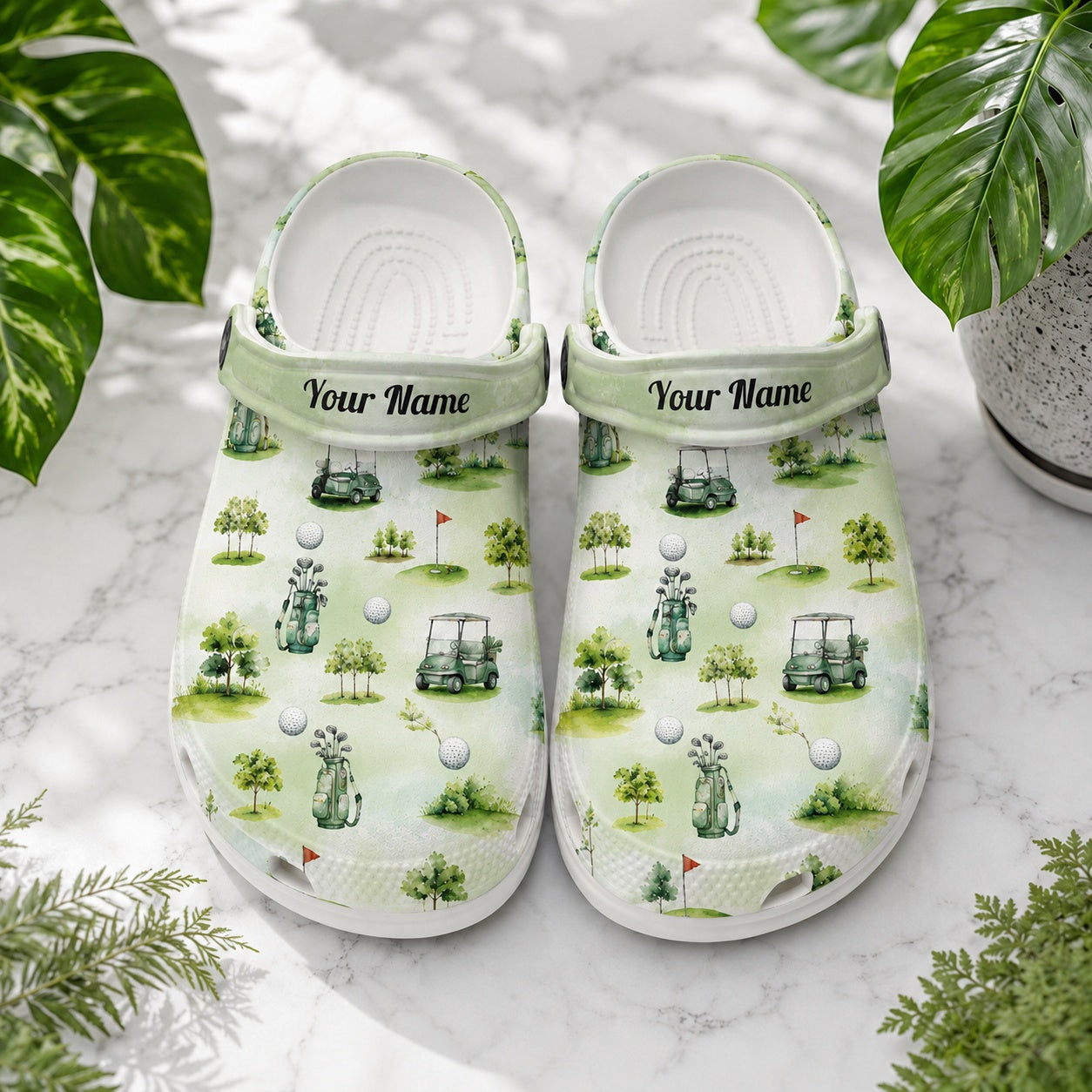 Green Golf Course Golf Clogs, Green Golf Pattern Clogs, Unisex Kid Adult Clogs, Summer Clogs, Waterproof EVA Slip-On Shoes, Comfortable Casual Sandals CLGOLF13
