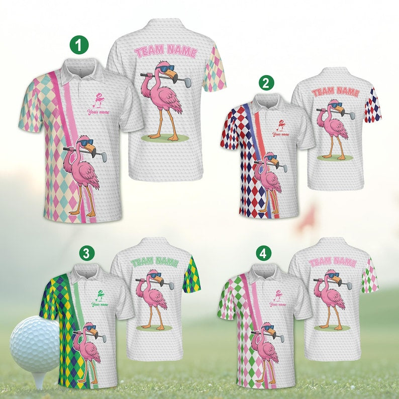 Men/Women Flamingo Golf Polo Shirt, Checkered Pattern Golf Pattern Polo Shirt, Unisex Summer Golf Polo Shirt, Short Sleeve Golf Shirt, Polo for Golfer PLN07