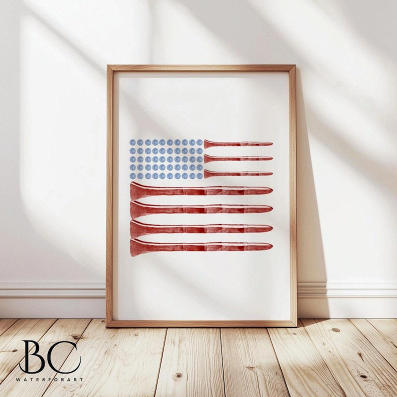 American Flag Golf Ball Painting Watercolor Print, Golf Wall Art, American Golf Poster PTGTP06