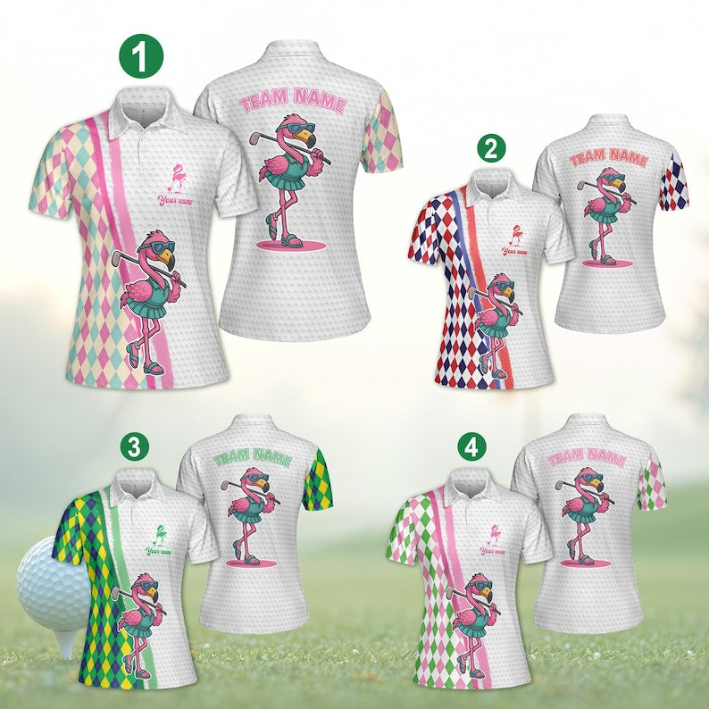 Men/Women Flamingo Golf Polo Shirt, Checkered Pattern Golf Pattern Polo Shirt, Unisex Summer Golf Polo Shirt, Short Sleeve Golf Shirt, Polo for Golfer PLN07