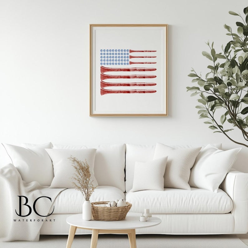 American Flag Golf Ball Painting Watercolor Print, Golf Wall Art, American Golf Poster PTGTP06