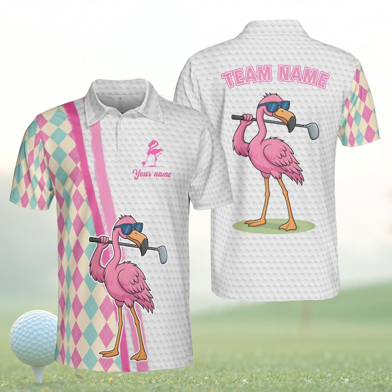 Men/Women Flamingo Golf Polo Shirt, Checkered Pattern Golf Pattern Polo Shirt, Unisex Summer Golf Polo Shirt, Short Sleeve Golf Shirt, Polo for Golfer PLN07