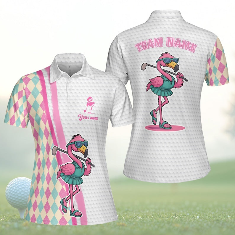 Men/Women Flamingo Golf Polo Shirt, Checkered Pattern Golf Pattern Polo Shirt, Unisex Summer Golf Polo Shirt, Short Sleeve Golf Shirt, Polo for Golfer PLN07