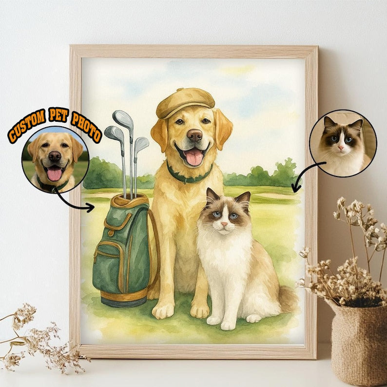 Custom Golf Pet Portrait Print Art Poster, Funny Pet Portrait Print, Golf Portrait Art Poster, Custom Dog Cat Portraits, Pet Home Decor PTGTP02