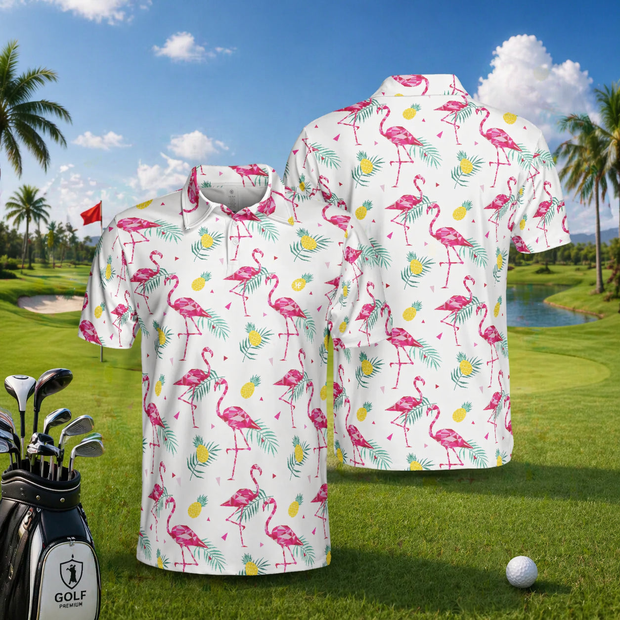 Personalized Flamingo Golf Course Polo Shirt, Summer Animal Pattern Golf Shirt, Unisex Summer Golf Polo Shirt, Short Sleeve Golf Shirt, Polo for Golfer PLN03
