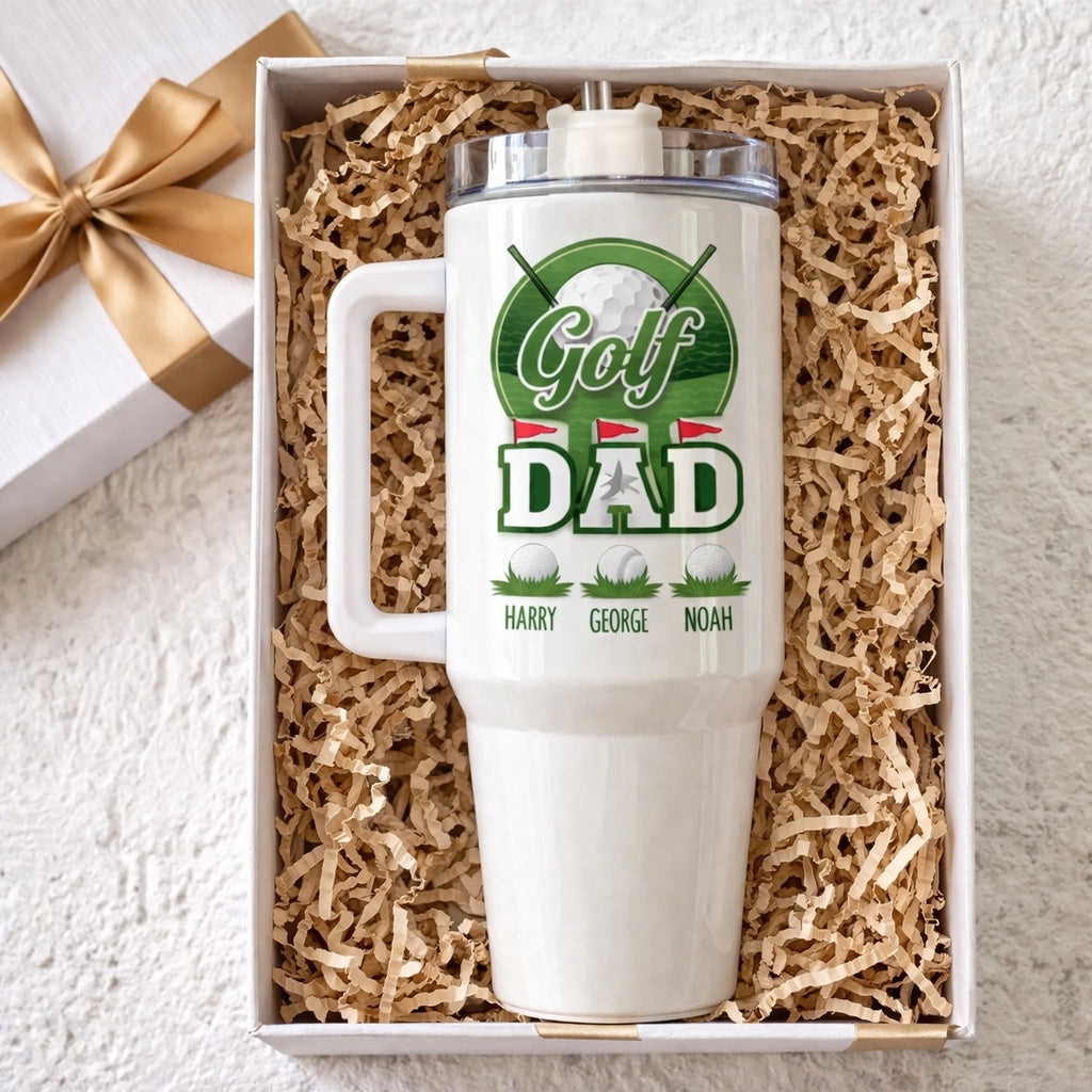 Dad Golf Tumbler 40oz, Custom Dad Kid Golf Tumbler, Printed Golf Tumblers With Handle, Mug Gift, Travel Cup TBGTP05
