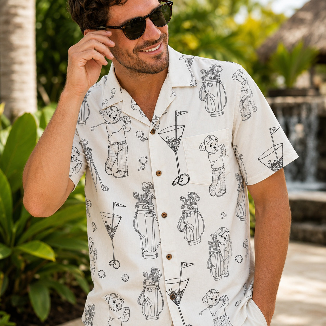 Men’s Golf Bear Hawaiian Shirt, White Golf Sketch Aloha Shirt, Golf Lover Summer Resort Button Down HW15