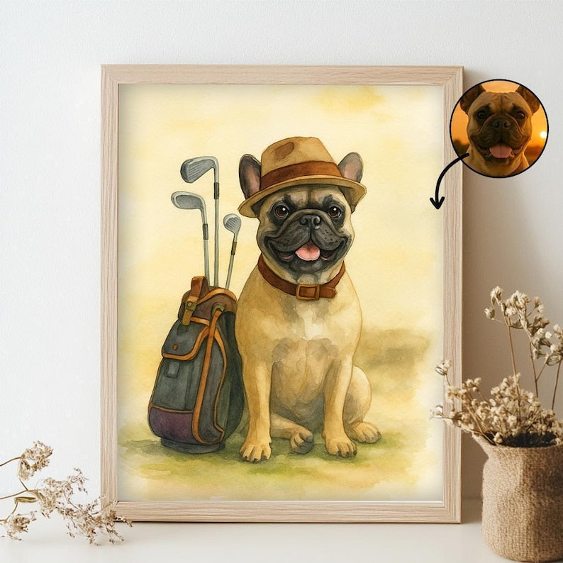 Custom Golf Pet Portrait Print Art Poster, Funny Pet Portrait Print, Golf Portrait Art Poster, Custom Dog Cat Portraits, Pet Home Decor PTGTP02