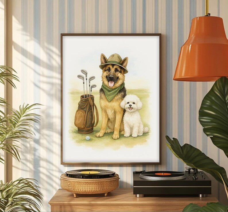 Custom Golf Pet Portrait Print Art Poster, Funny Pet Portrait Print, Golf Portrait Art Poster, Custom Dog Cat Portraits, Pet Home Decor PTGTP02