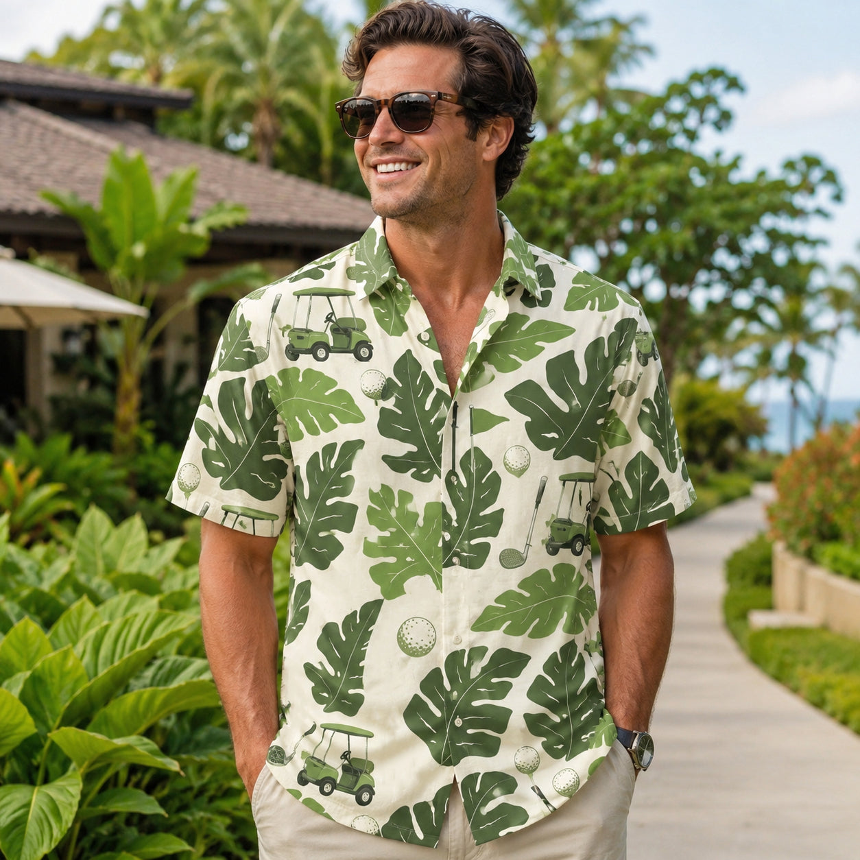 Tropical Golf Pattern Hawaiian Shirt, Green Monstera Leaf Aloha Golf Pattern Shirt, Golf Lover Shirt, Summer Button Down Shirt HW18