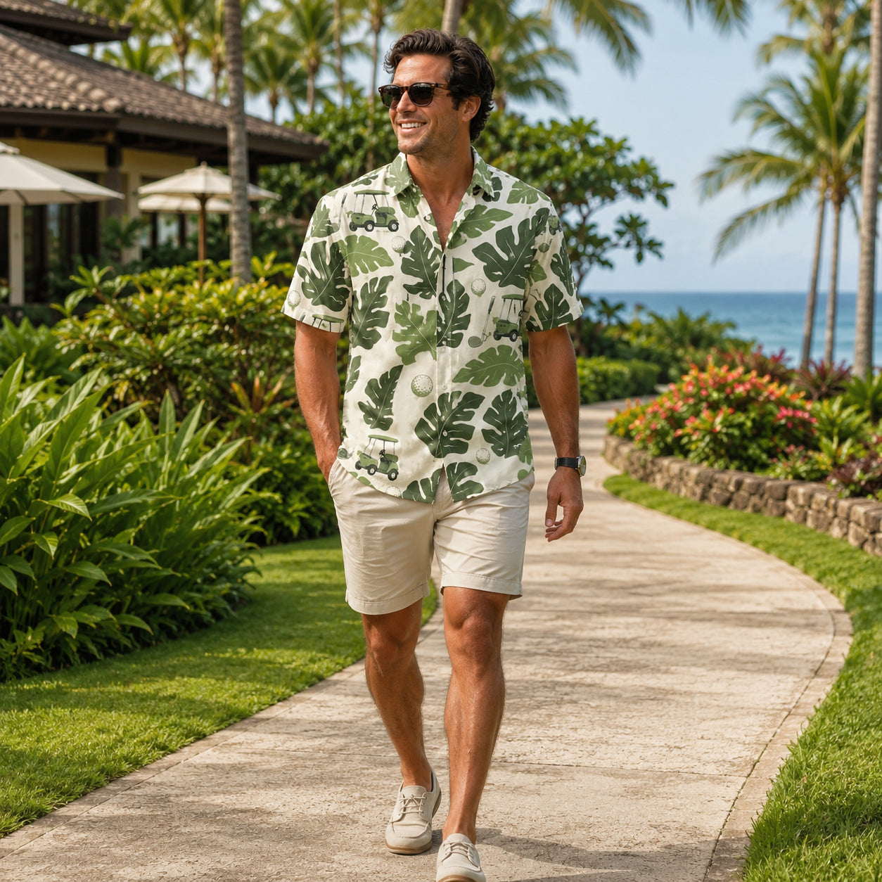 Tropical Golf Pattern Hawaiian Shirt, Green Monstera Leaf Aloha Golf Pattern Shirt, Golf Lover Shirt, Summer Button Down Shirt HW18
