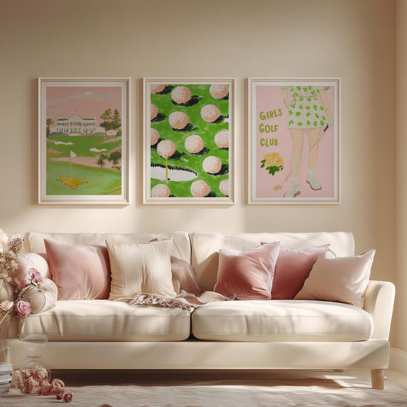 Set of 3 Augusta Girls Golf Prints, Feminine Golf Wall Art, Pastel Golf Poster, Pink Golf Art Poster Gift, Women Golf Style Poster PTGTP01