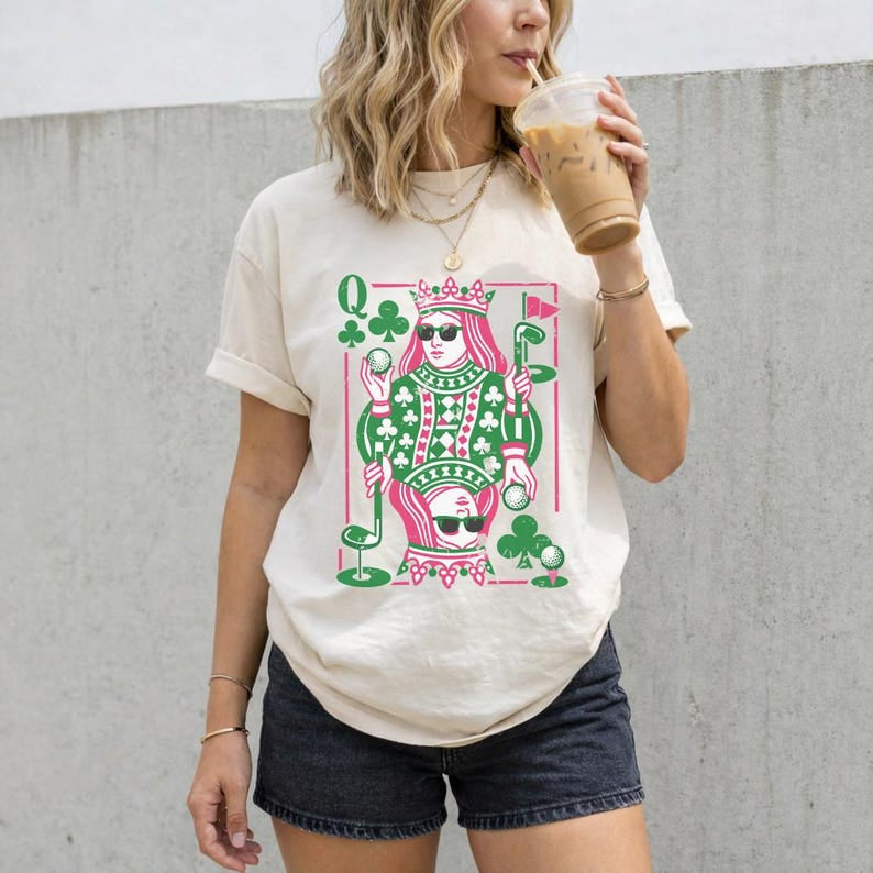 Queen of Clubs Golf Comfort T-Shirt, Funny Golfer Playing Card Tee, Pink and Green Golfing Queen Graphic, Unique Golf Gift Women CF06