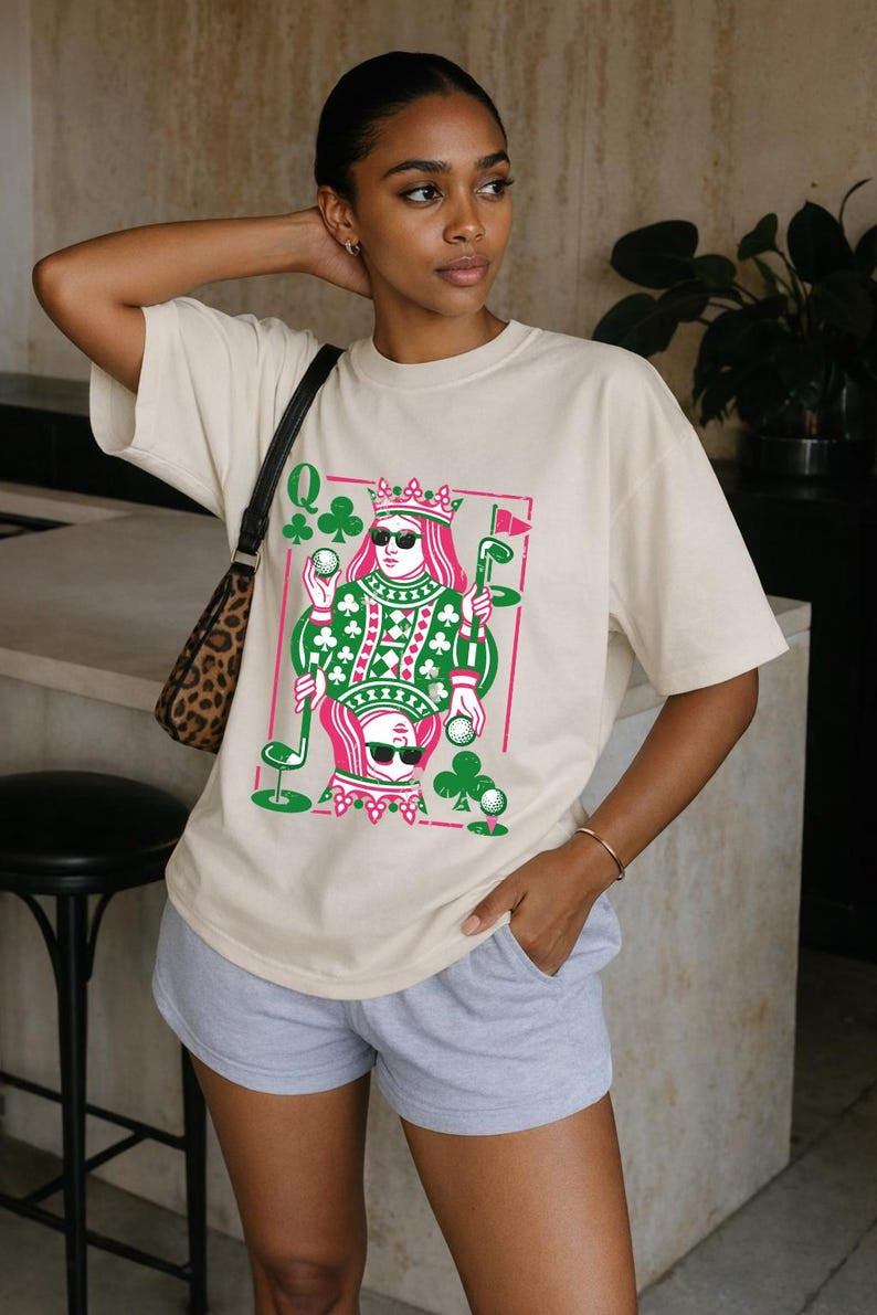 Queen of Clubs Golf Comfort T-Shirt, Funny Golfer Playing Card Tee, Pink and Green Golfing Queen Graphic, Unique Golf Gift Women CF06
