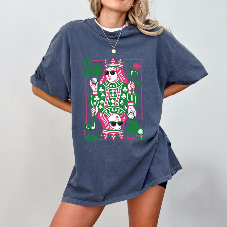 Queen of Clubs Golf Comfort T-Shirt, Funny Golfer Playing Card Tee, Pink and Green Golfing Queen Graphic, Unique Golf Gift Women CF06