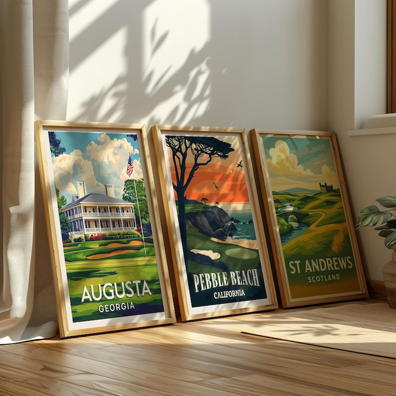 Famous Golf Courses – 3 Fine Art Prints (Augusta, Pebble Beach, St Andrews), Vintage Golf Wall Art, Gift for Dad, Cave Golf Decor PTGTP18