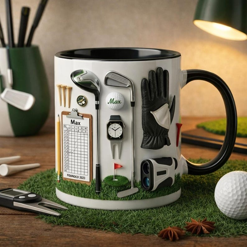Personalized Golf Mug 3D Effect (Flat Print) - Custom Name Golf Gear Art - Funny Illusion Gift for Him