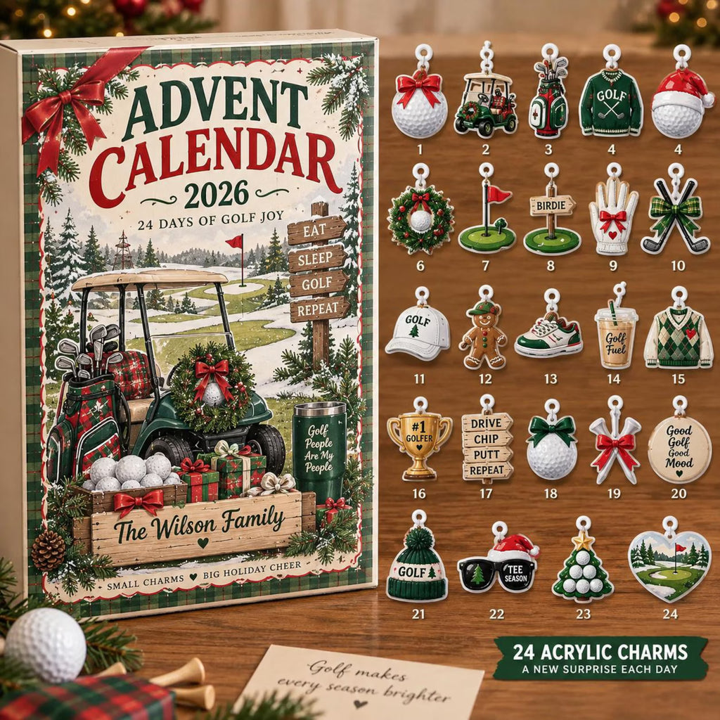 Personalized Golf Advent Calendar 2026, Custom Family Countdown Box, 24 Acrylic Charms Set, Sports Theme Holiday Decor, Gift for Men. ACGTP09