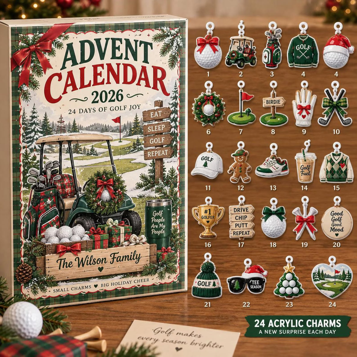 Personalized Golf Advent Calendar 2026, Custom Family Countdown Box, 24 Acrylic Charms Set, Sports Theme Holiday Decor, Gift for Men. ACGTP09