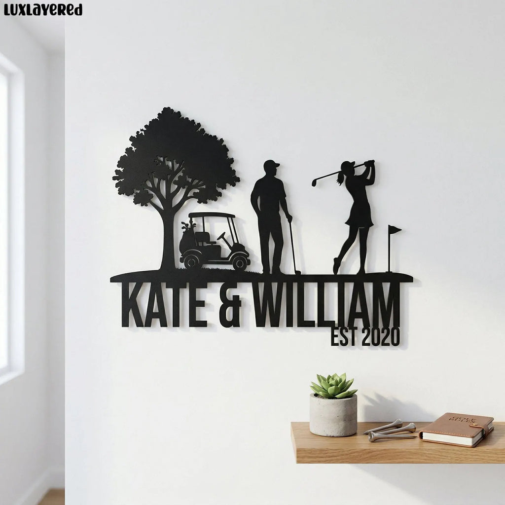 Custom Golf Couple Metal Sign, Player Cart Tree Art, Sports Room Wall Decor, Club Hanging, Unique Wedding Gift. MWAGTP13