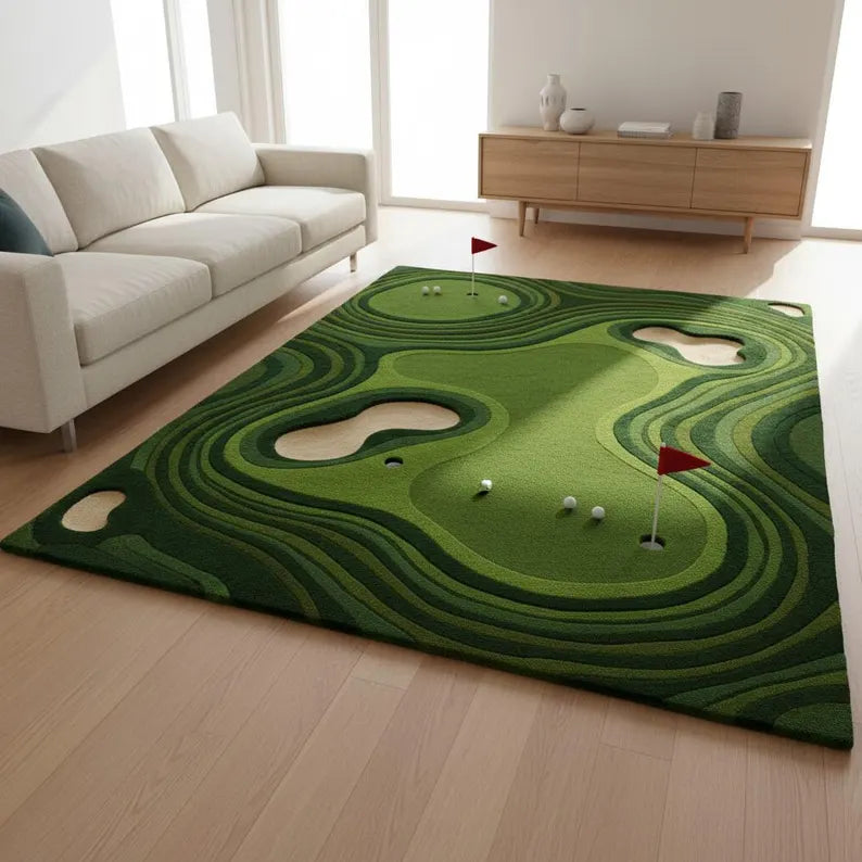 Hand-Tufted Wool Golf Course Rug, Mini Putting Green Carpet, Sports Theme Area Rug. RGTP14