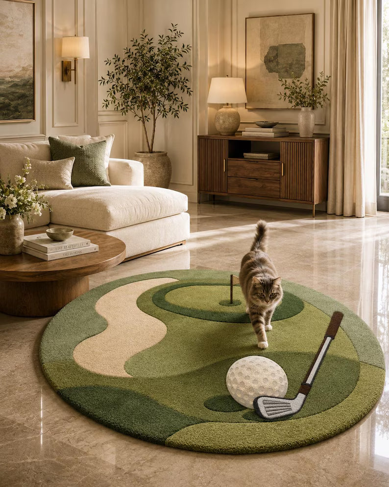 Golf Course Tufted Rug, Round Sports Carpet, Game Room Decor. RGTP7