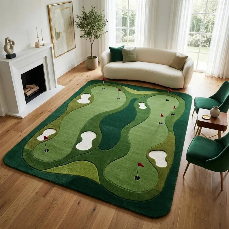 Hand-Tufted Wool Golf Course Rug, Realistic Putting Green Carpet, Golf Lover Home Decor. RGTP22