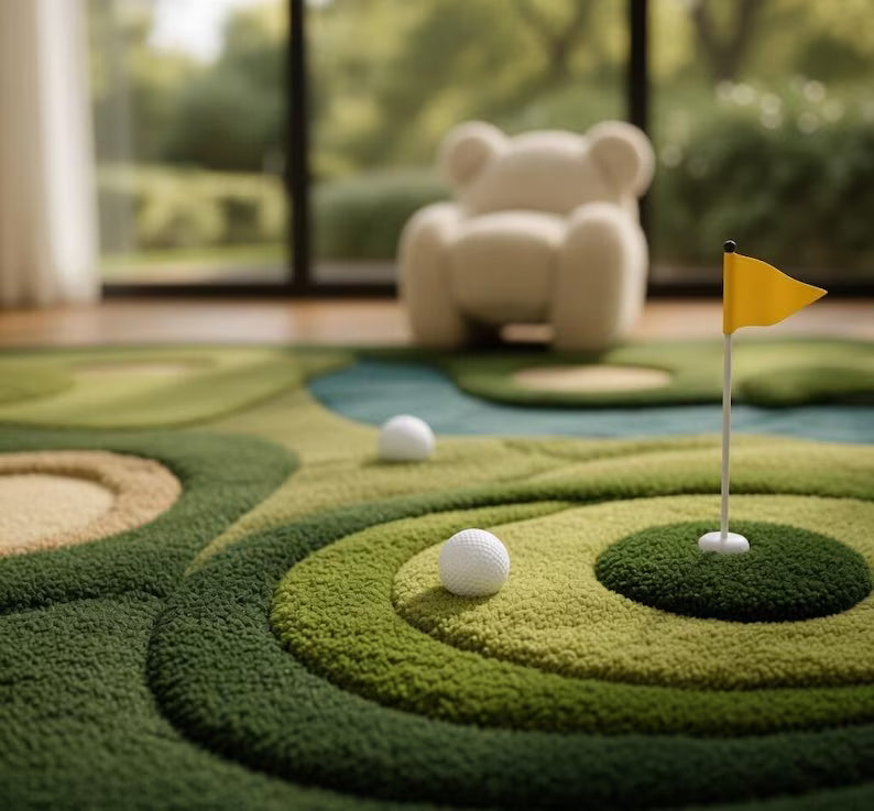 Hand Tufted Golf Course Landscape Rug, Green Nature Moss Carpet, Playful Nursery Decor . RGTP10