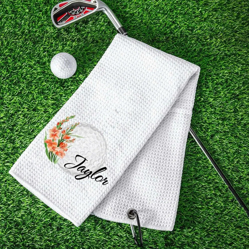 Personalized Golf Towel with Custom Name, Floral Golf Ball Waffle Towel, Golfer Gift for Women, Golf Accessories TWGTP06
